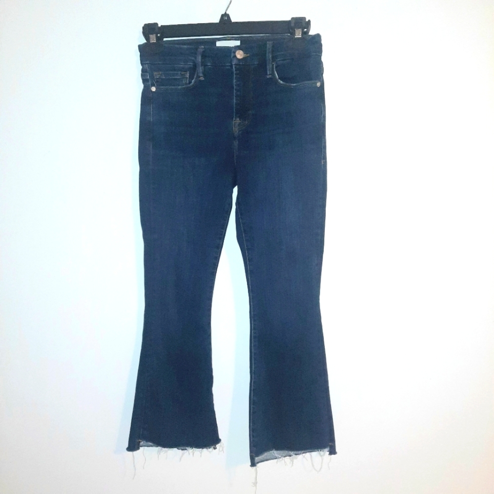 FRAME Le Crop Mini Boot Blue Frayed Hem Flared Jeans